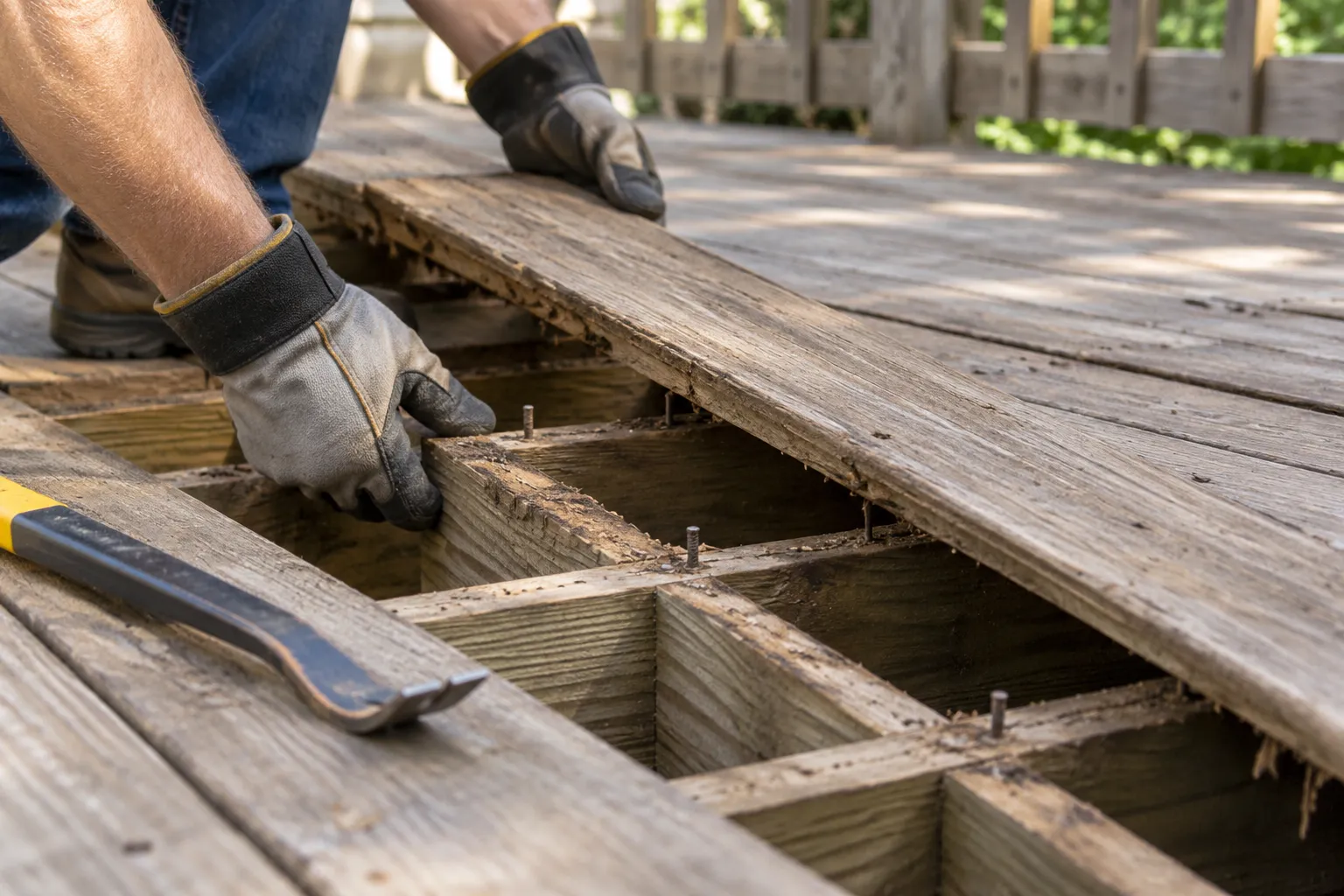 Close view of a deck board being lifted from exposed joists
