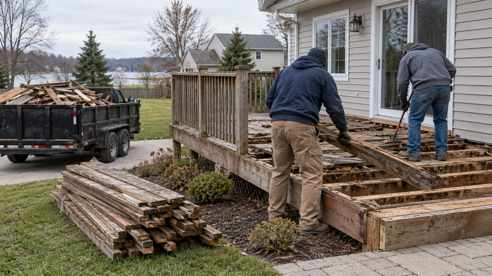 Workers carefully dismantling a residential wood deck